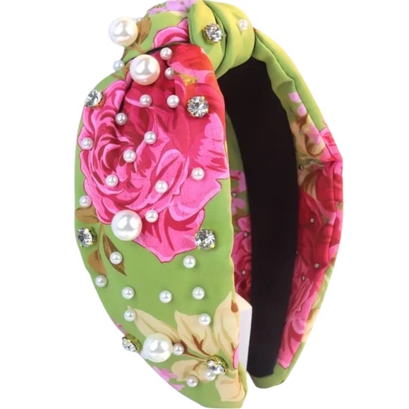 Colorful Floral Wide Brimmed Faux Pearl & Rhinestone Headband - Picture 2 of 5